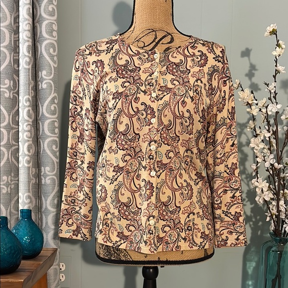 AK Anne Klein Paisley Silk Blend 3/4 Sleeve Fine Gauge Cardigan - Picture 1 of 9